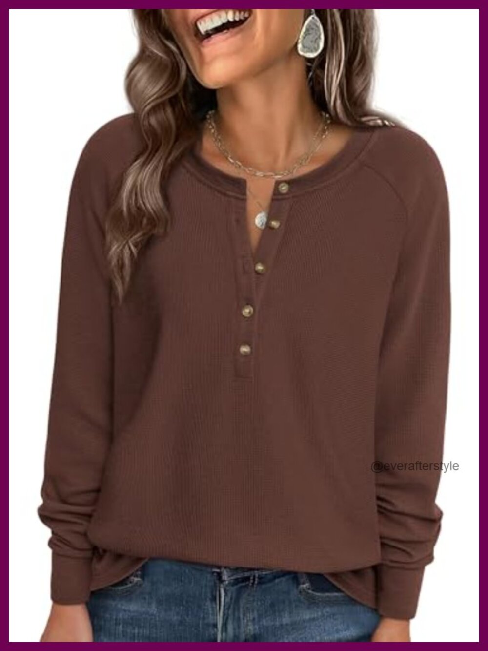 Waffle Knit Henley Long Sleeve Tunic Top Relaxed Fit Womens